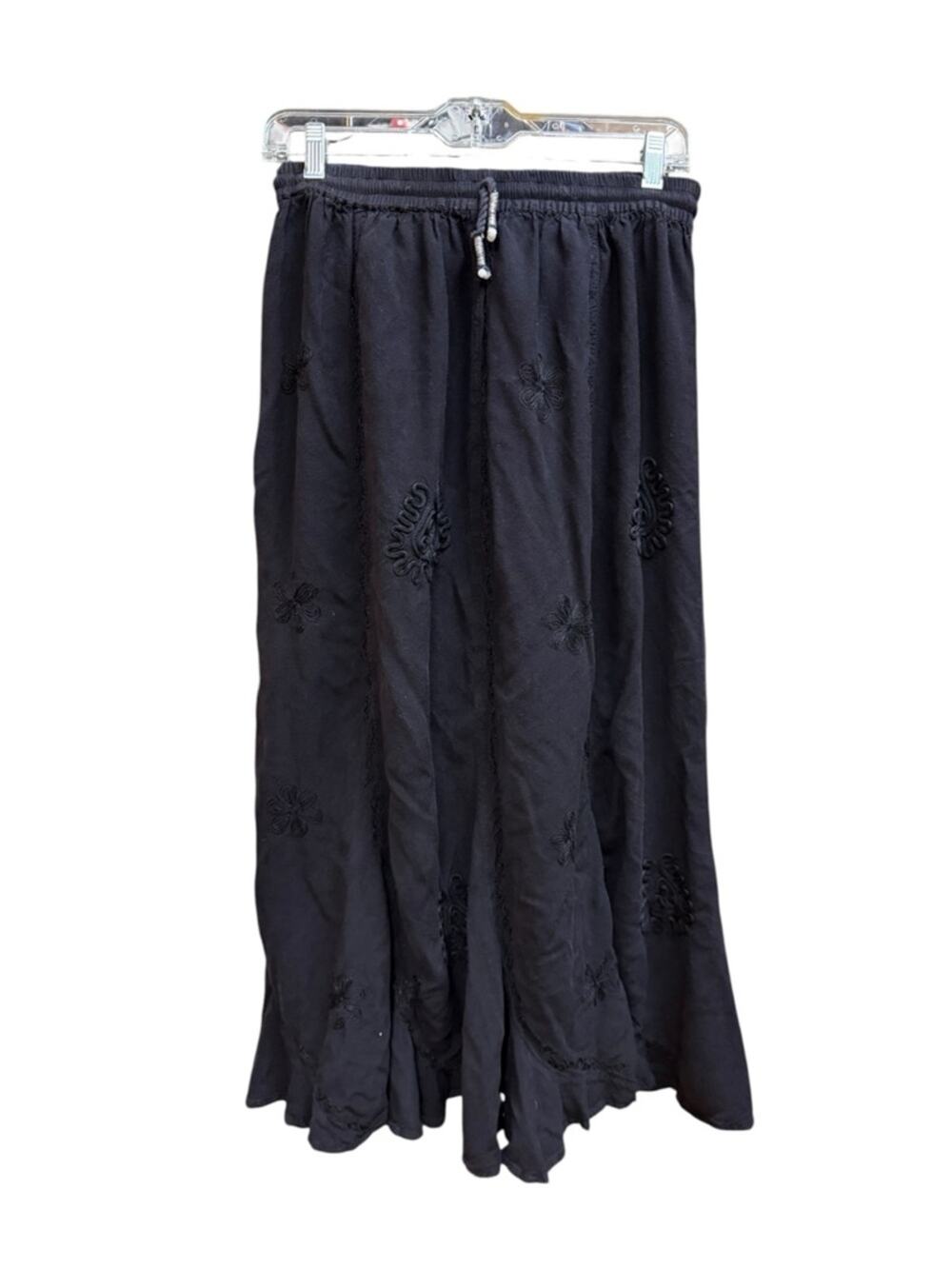 Flowing Black Embroidered Maxi Skirt with Elastic Waist FREE SIZE